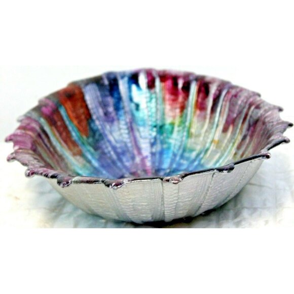 Metallic Rainbow Art Glass Bowl Serving Display Scalloped Shell Oval Texture - Picture 4 of 9